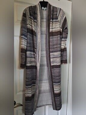 Veronica M Striped Open-Front Long Cardigan - Gray, Brown, Cream